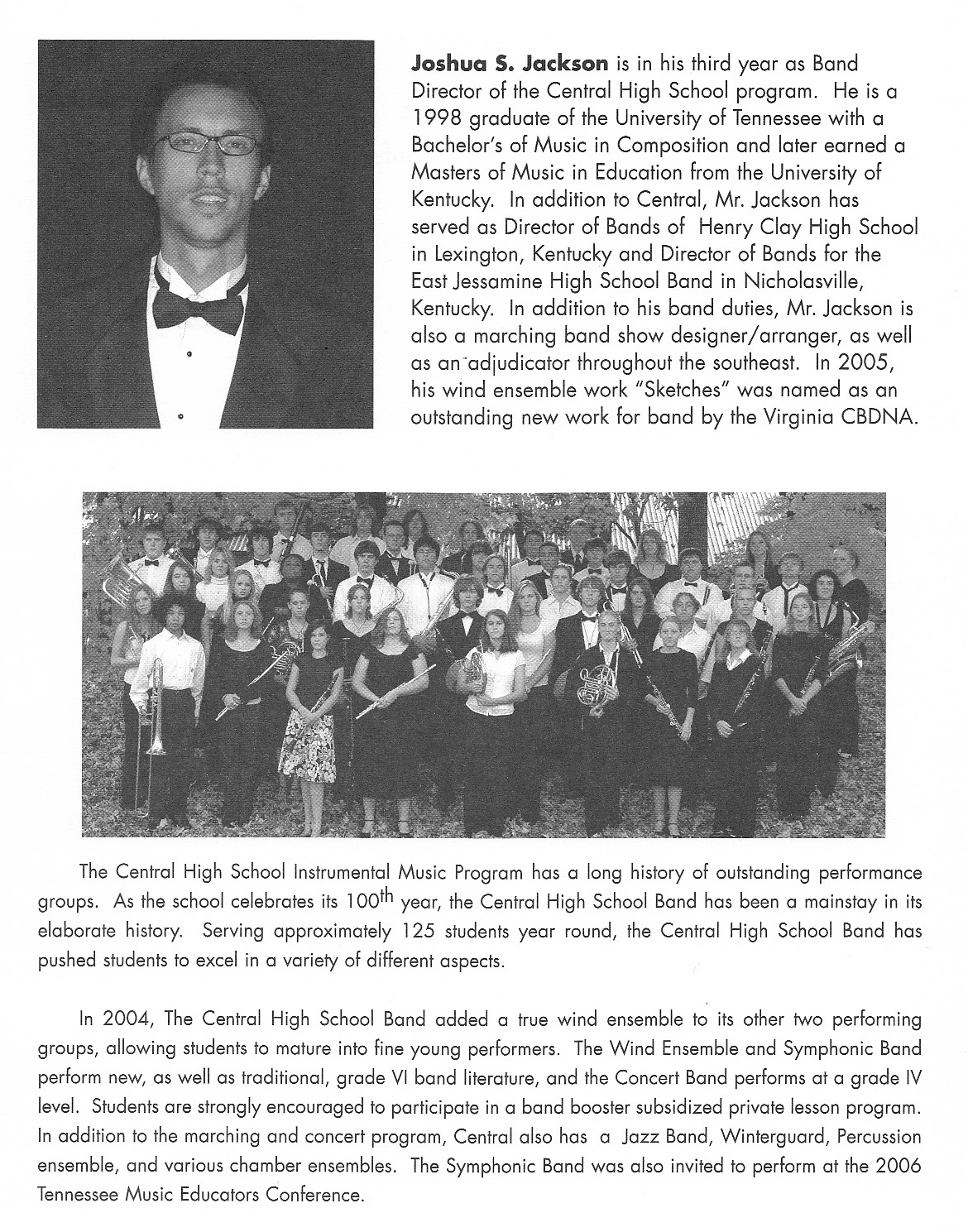 Interior pages of the NBA CBDNA conference program featuring Central High School Band performance details