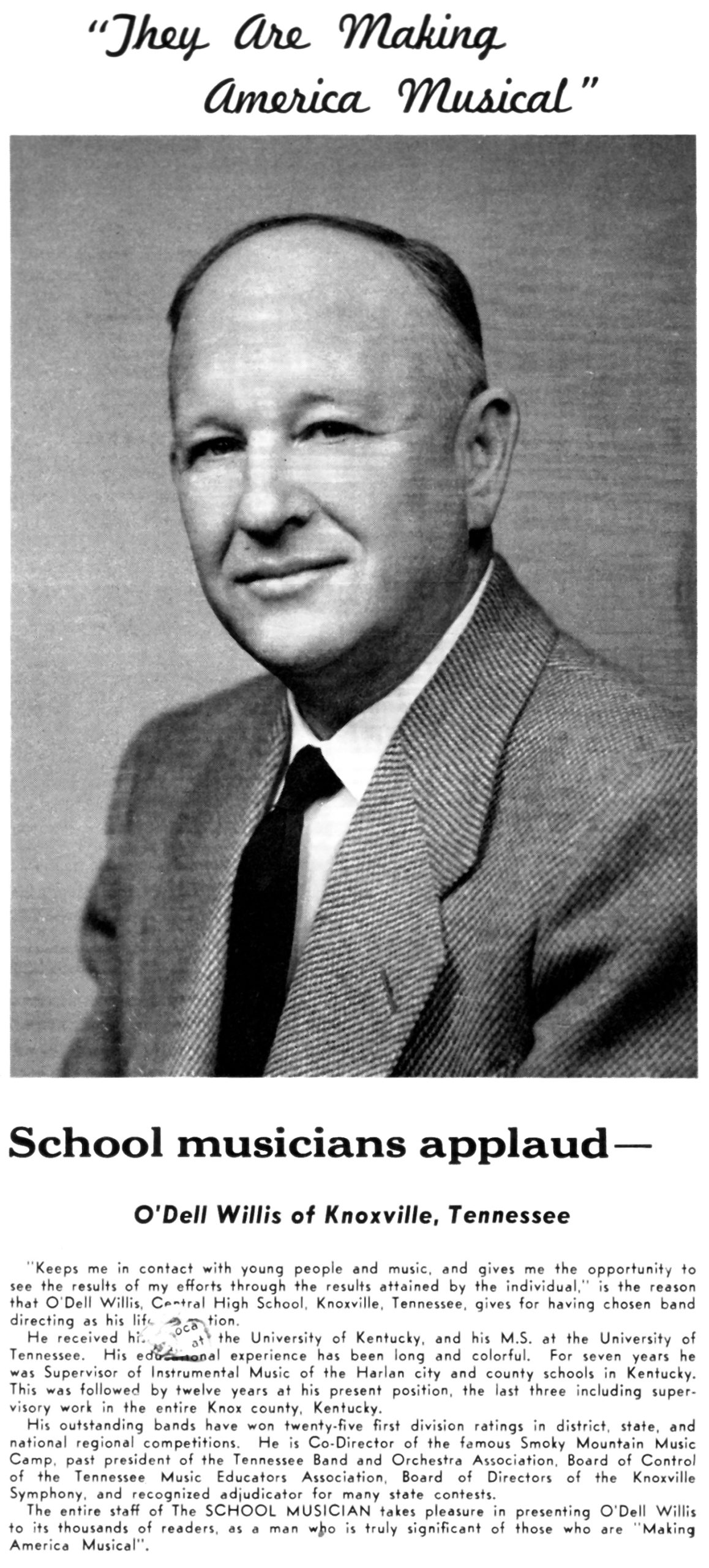 1952 School Musician journal article featuring O'Dell Willis and Central High School Band