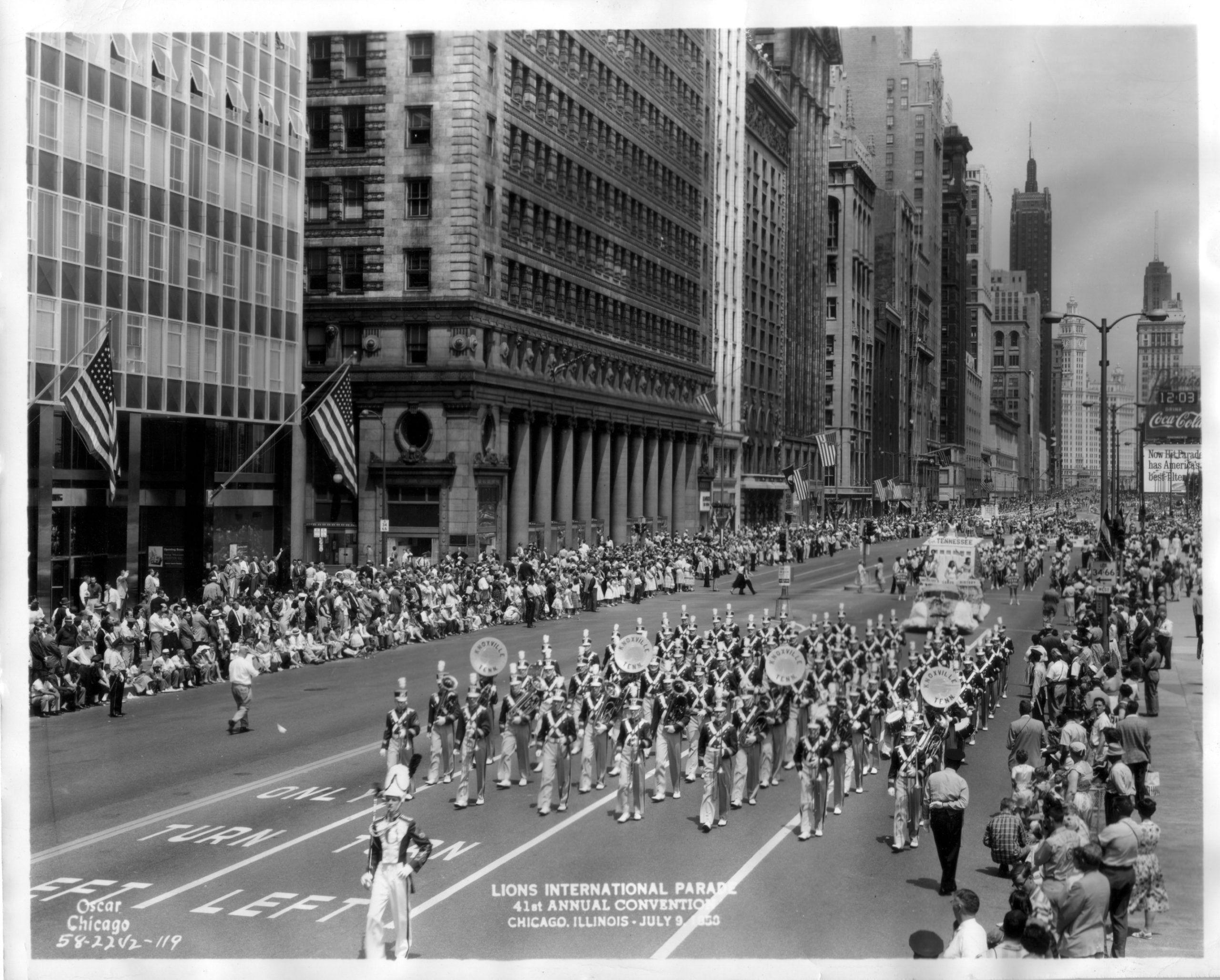 1958 Central High School Band marching on Michigan Avenue in Chicago in the Lions Club International Conference parade