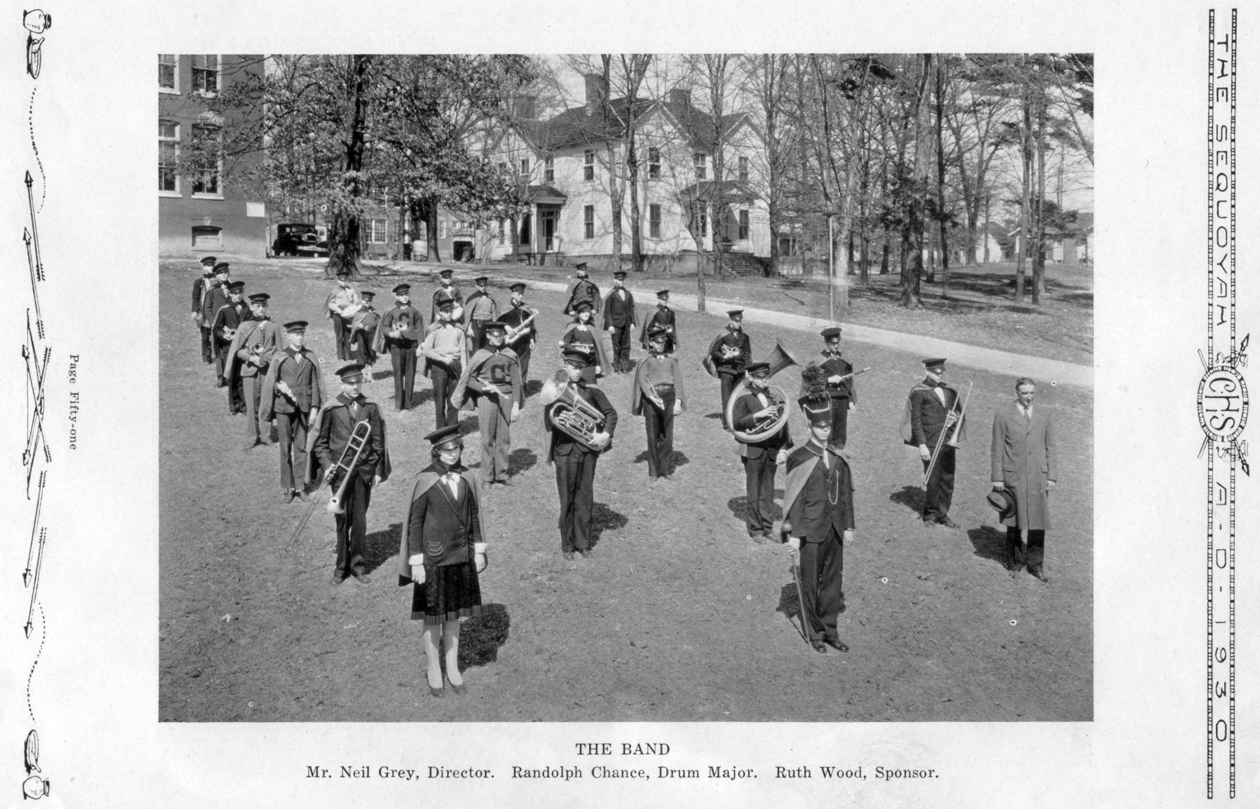1930 Central High School Band with hats and capes as first uniforms, photographed on the school front lawn