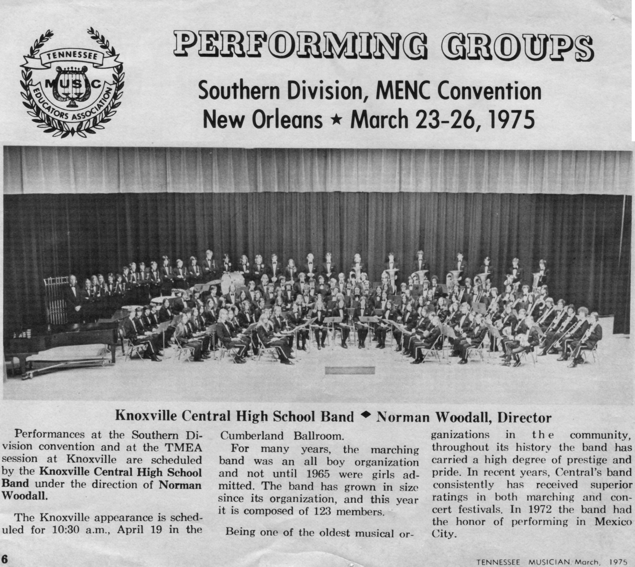 1975 MENC announcement featuring Norman Woodall and the Central High School Band at the Southern Division meeting in New Orleans