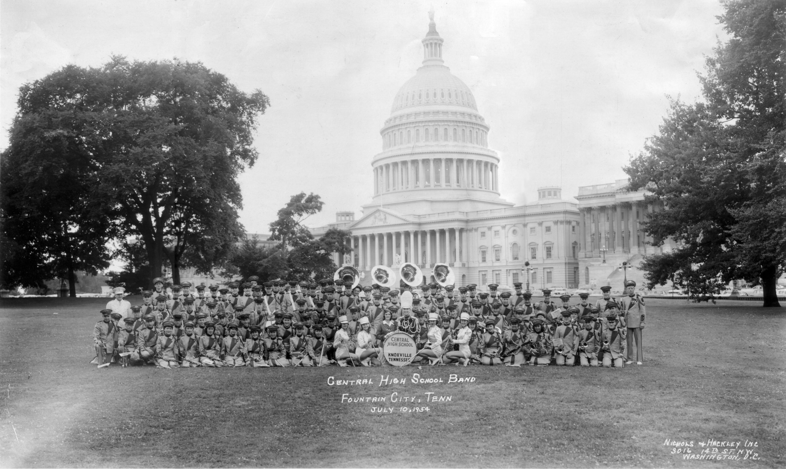 1954 Central High School Band on the Capitol lawn in Washington D.C. after placing fourth among 65 bands despite performing in heavy rain